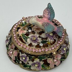 Hummingbird Floral Rhinestone Enamel Trinket Box Magnet Latch